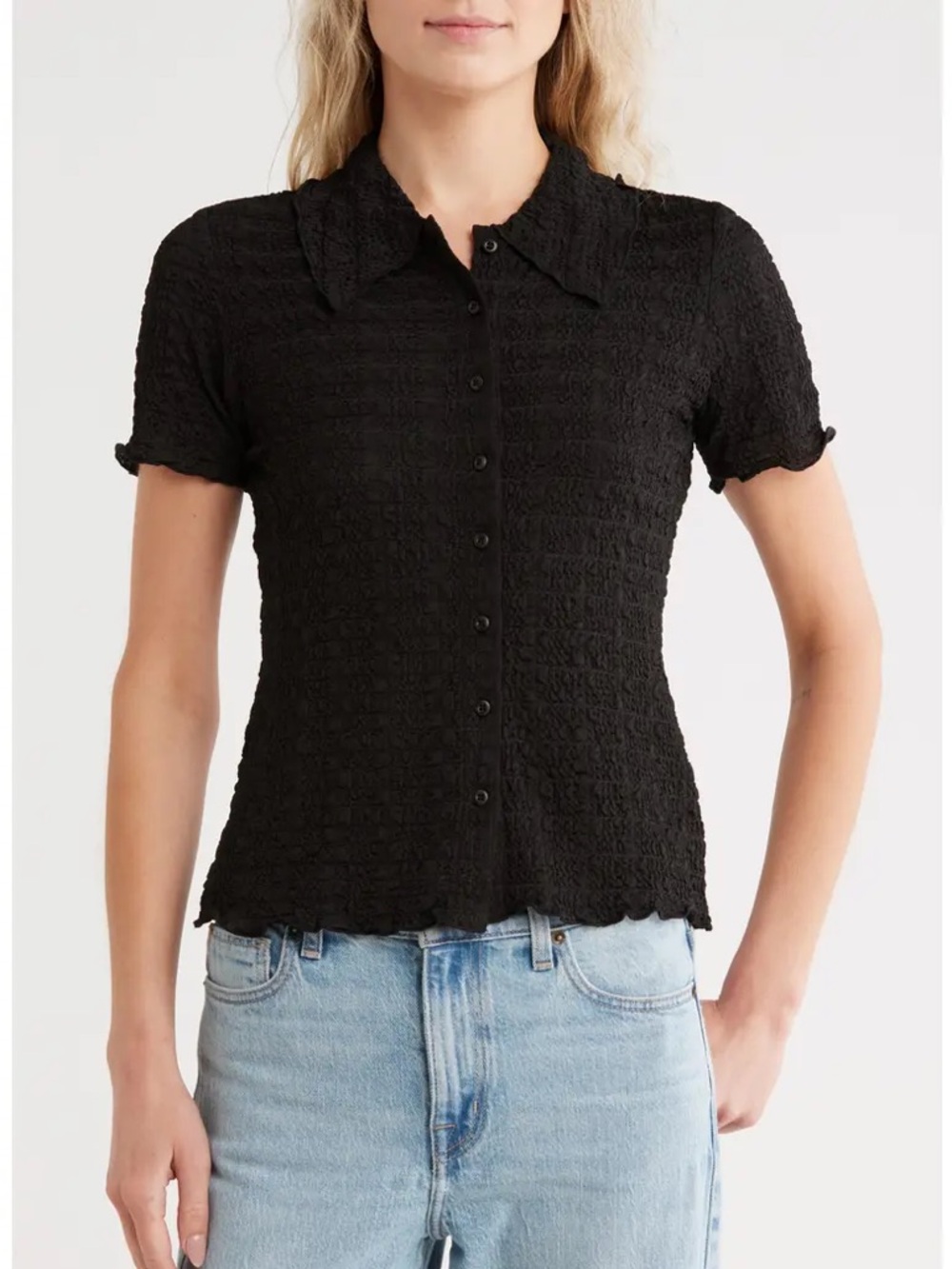 Jason Wu Black Smocked Textured Button Down Short Sleeve Top Size Small